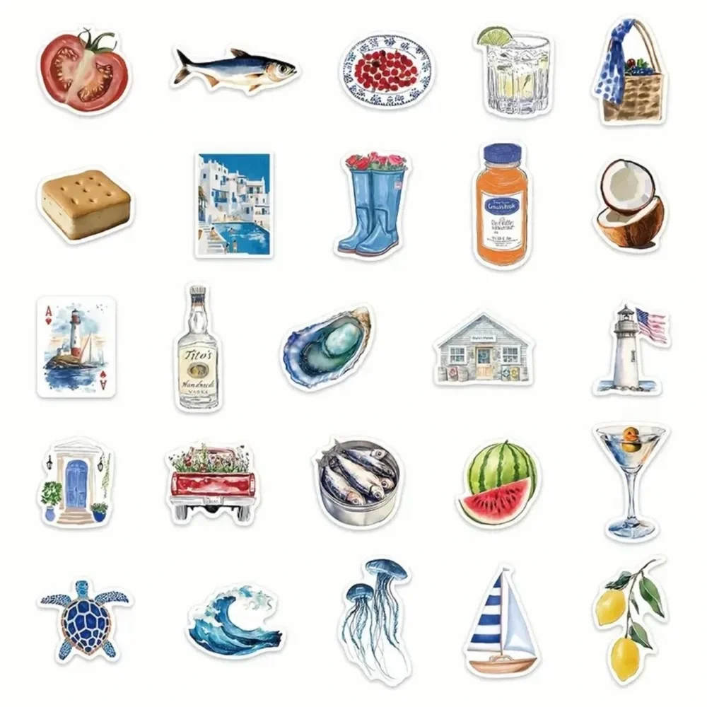 Colorful Italian-Themed Stickers Set of 50 Nautical Sailing Amalfi Tomato Drinks - Picture 6 of 9